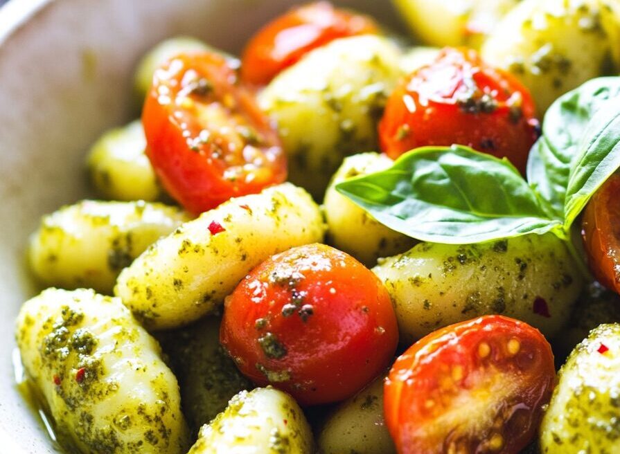 Creamy Vegan Pesto Gnocchi with Blistered Tomatoes