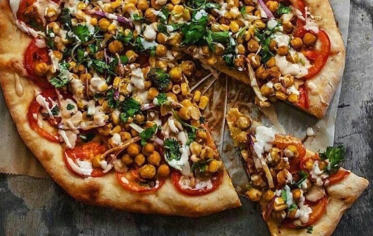 Vegan Corn & Chickpea Pizza with Creamy Garlic Tahini Sauce