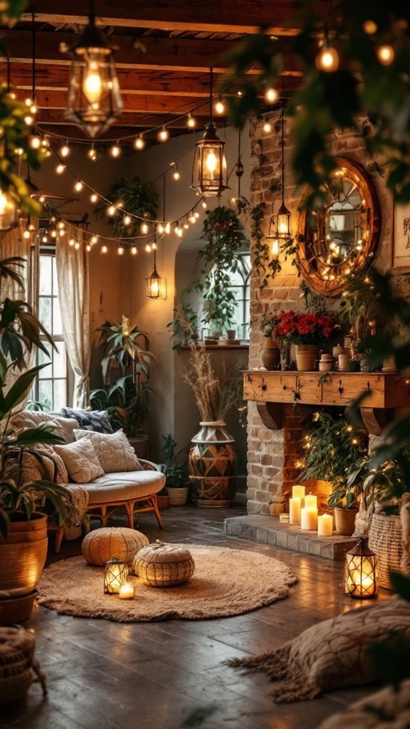 A cozy living room with warm ambient lighting, featuring plants, candles, and comfortable seating.