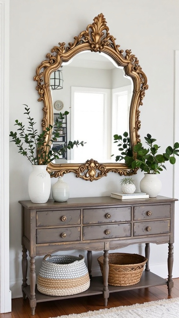 An ornate antique gold mirror above a wooden console table decorated with potted plants.