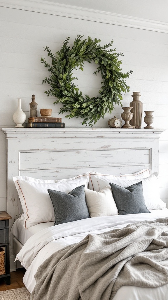 A cozy bedroom with a whitewashed shiplap wall, a wreath above the bed, and decorative pillows.