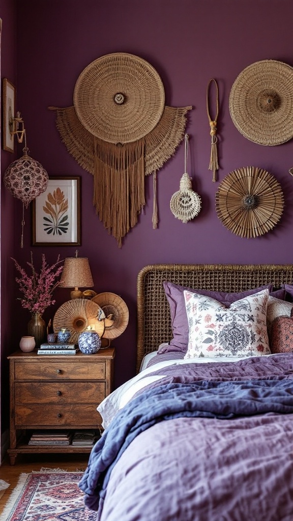 A cozy bedroom featuring artisan crafted wall decor and accessories.