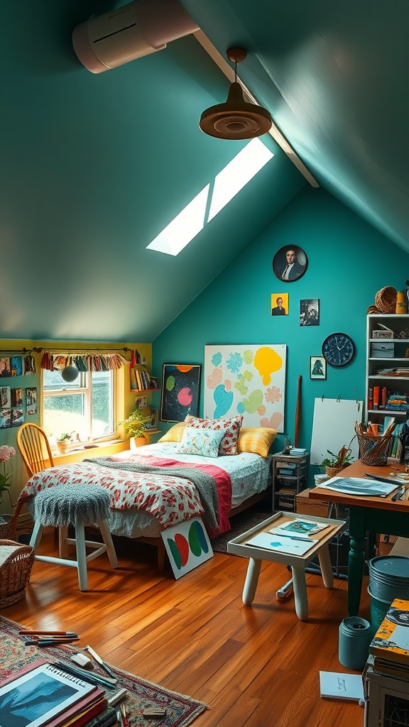 A colorful artistic workspace with a bed, art supplies, and vibrant decorations