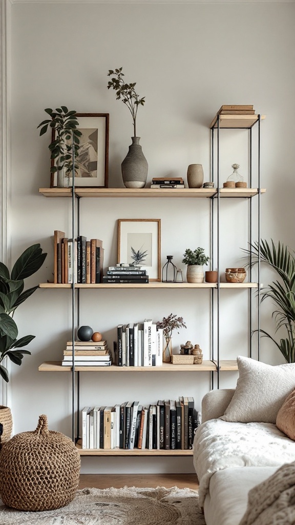 A modern shelf unit displaying books, plants, and decorative items in a cozy living space.