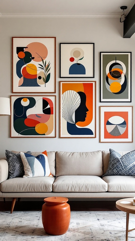 A cozy living room featuring a mix of colorful abstract wall art above a light-colored sofa with patterned cushions.