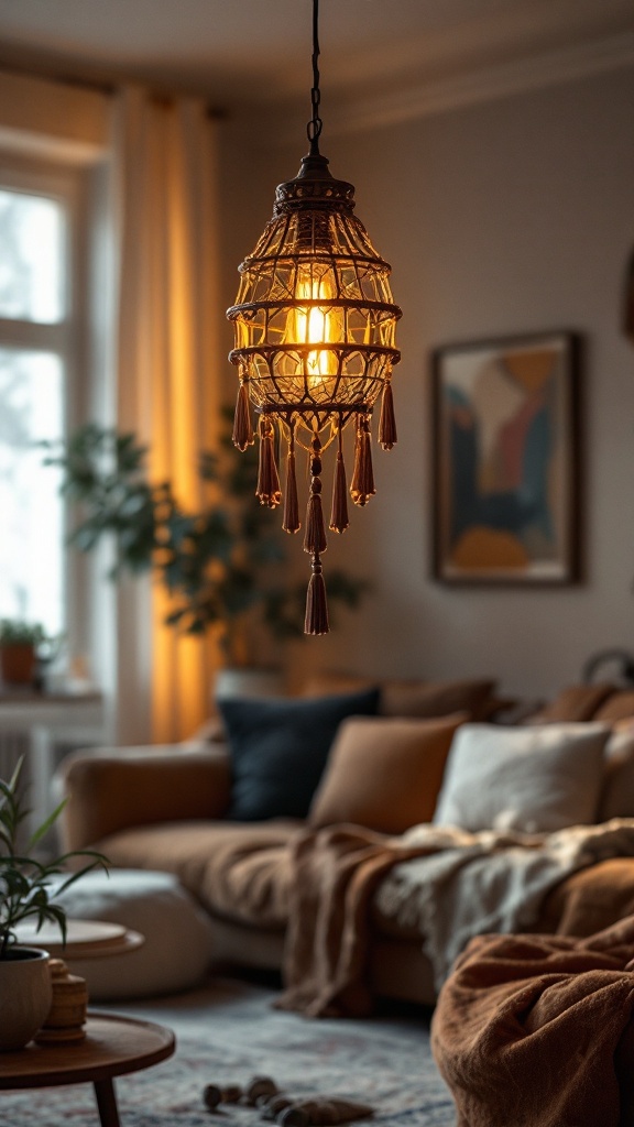 A warm-lit bohemian pendant light hanging above a cozy living room setting