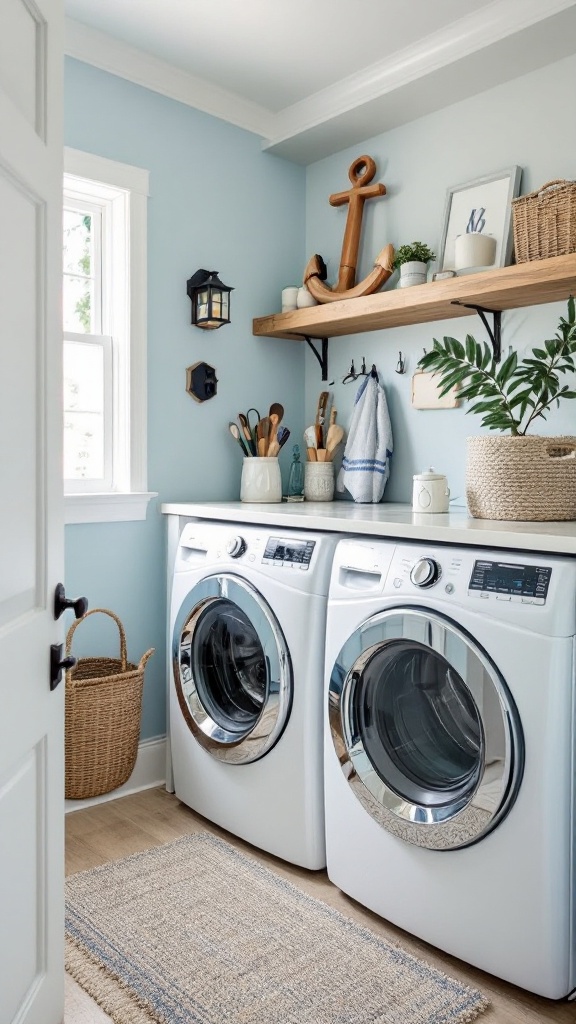 A bright laundry room with blue walls, nautical decor, and modern appliances.