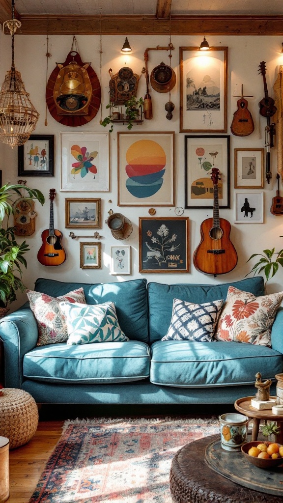 A cozy living room with a blue couch, pillows, and a wall filled with various framed artworks and musical instruments.