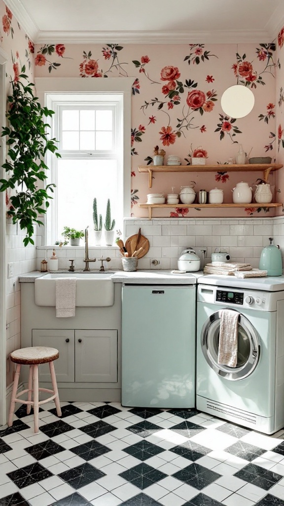 A charming vintage style kitchen with floral wallpaper, retro appliances, and a cozy atmosphere.