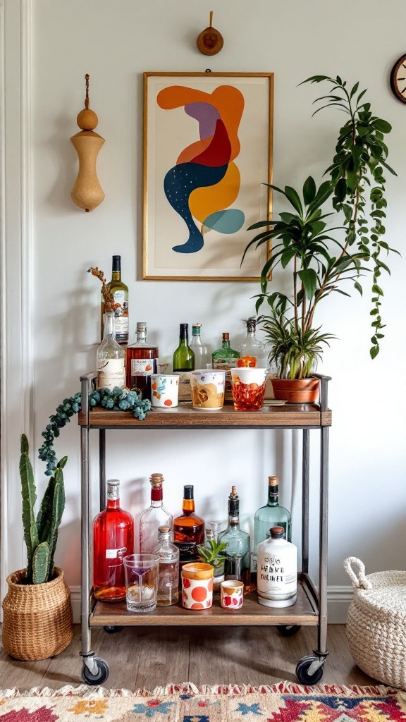 Stylish bar cart with various bottles, colorful glasses, a plant, and decorative items.