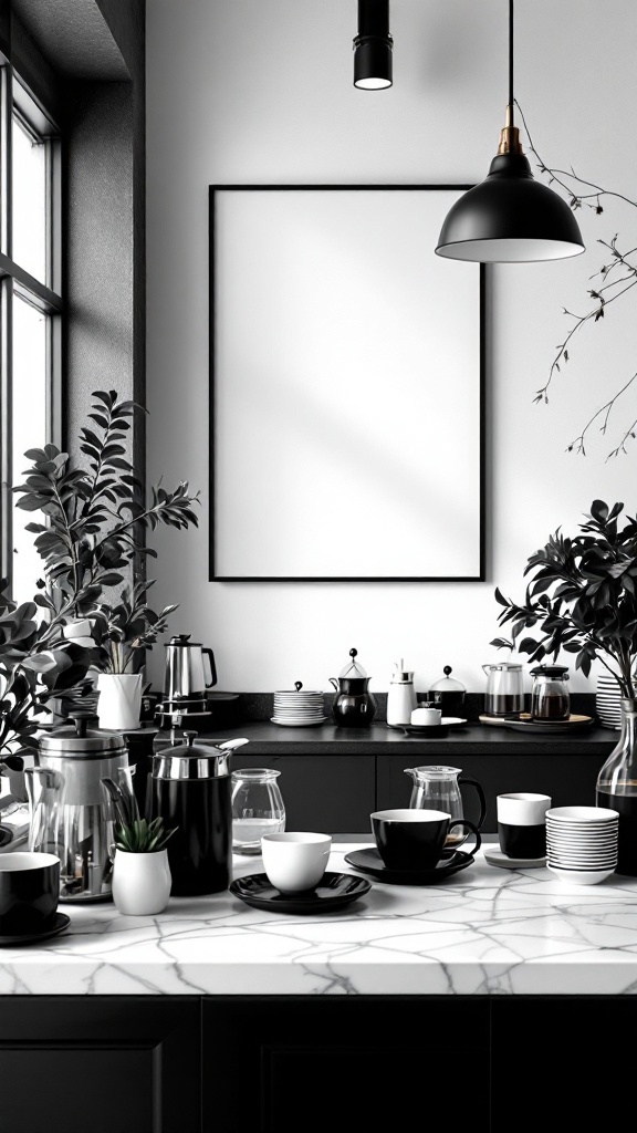 A stylish monochrome coffee bar featuring black and white coffee equipment and decor.