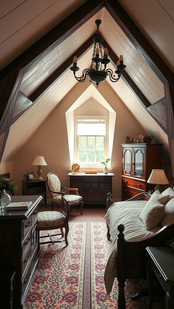 A cozy bedroom featuring antique furniture, a chandelier, and a warm color palette.