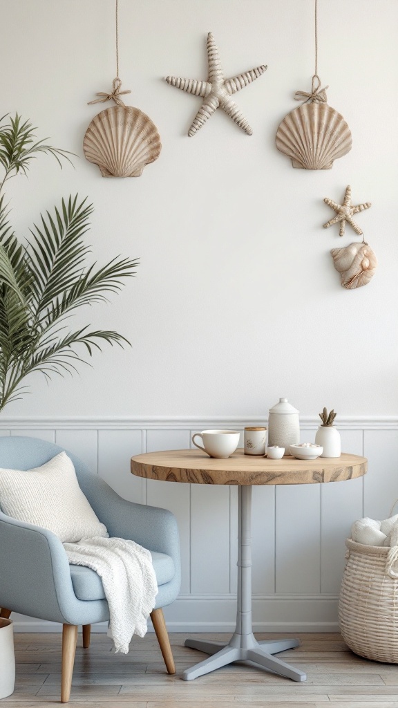 Coastal inspired coffee corner with a wooden table, cozy chair, and beach-themed decor.