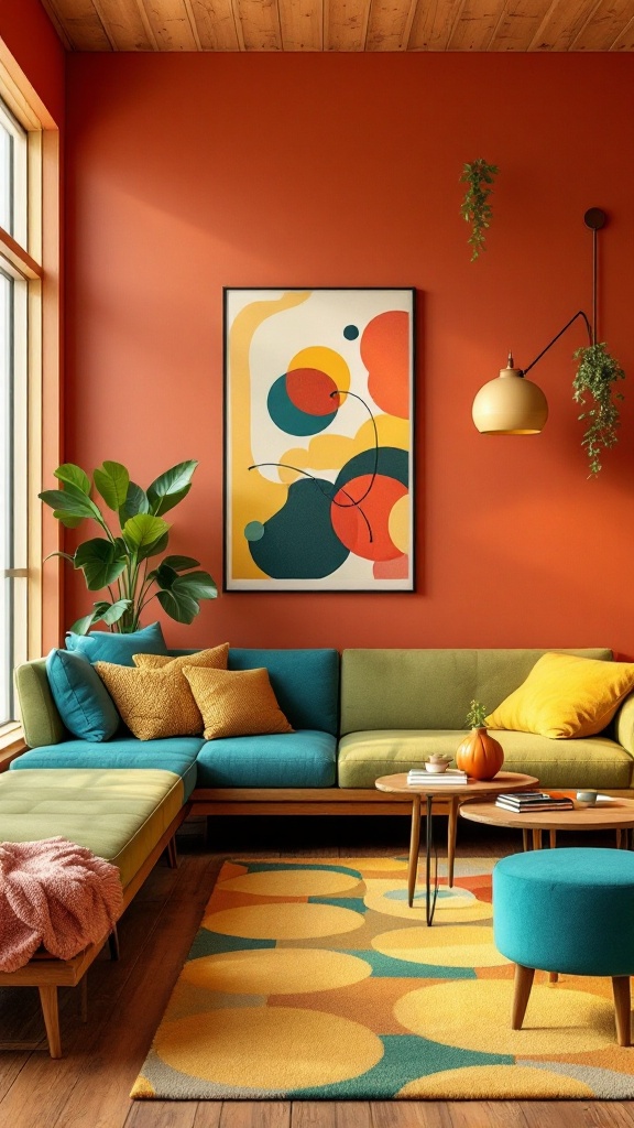 A cozy living room with warm orange walls, a colorful abstract painting, and a green sofa.