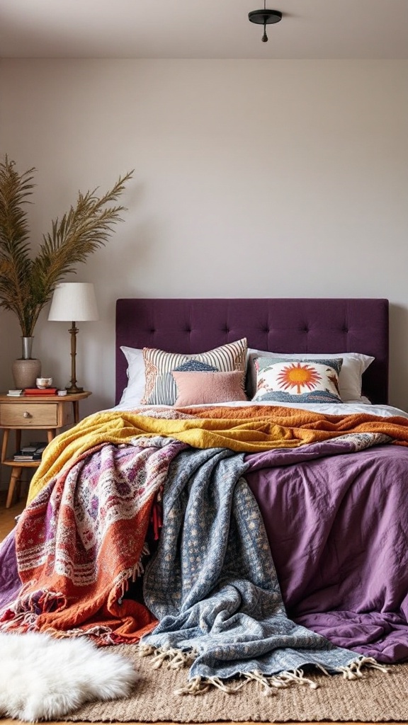 A cozy bed adorned with colorful throw blankets and pillows.