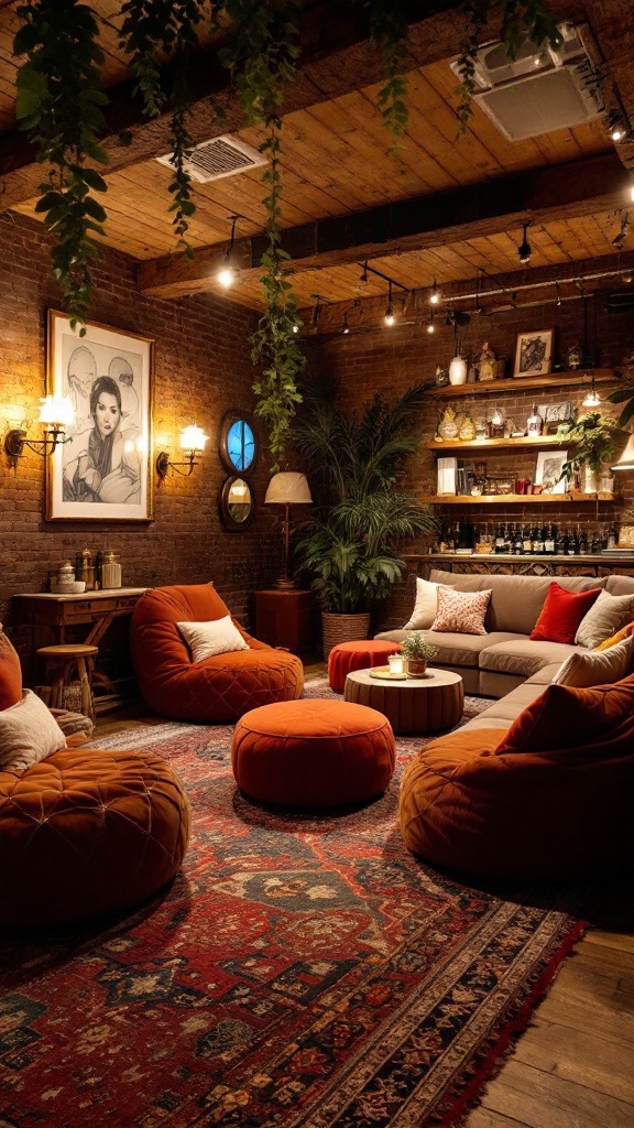 A cozy living room with bean bag chairs, a sofa, and warm lighting.