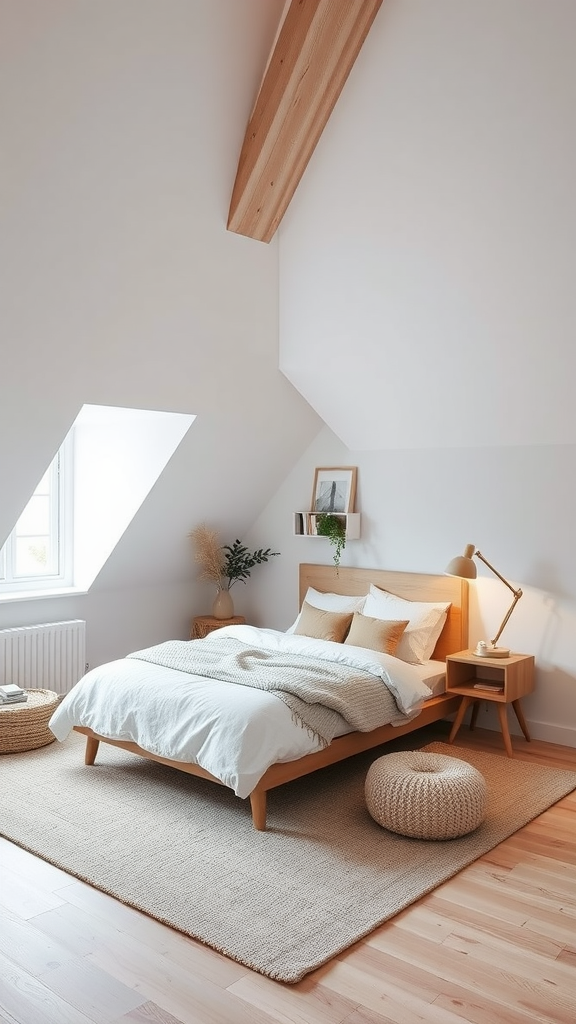 A cozy bedroom featuring contemporary Scandinavian design with a wooden bed, light-colored linens, and natural decor.