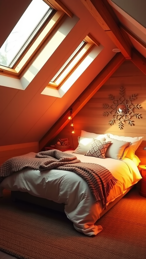 Cozy bedroom with skylights and warm lighting