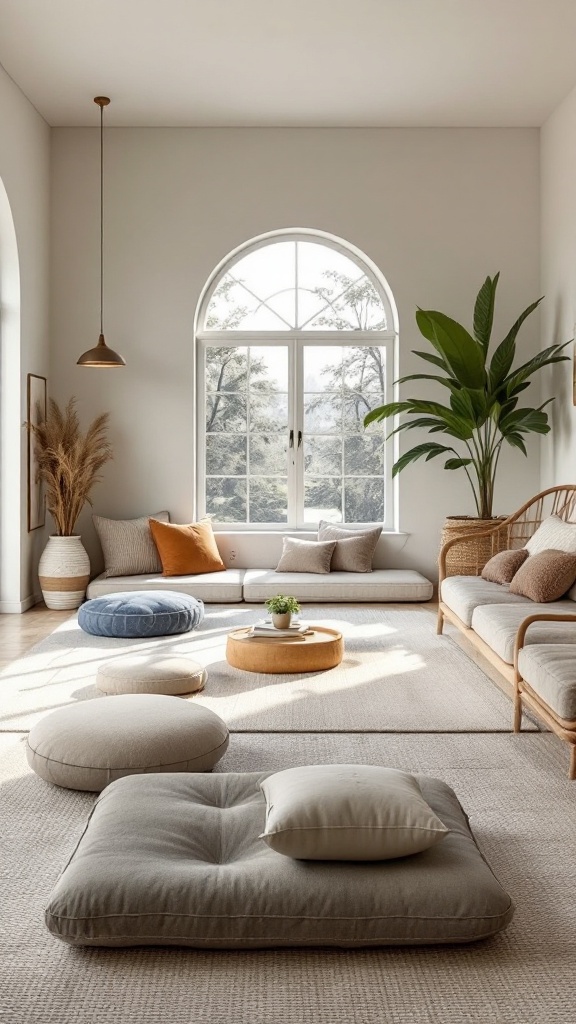 A cozy living room featuring various floor cushions in soft colors and a large window.