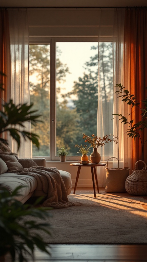 Cozy living room with warm lighting and plants