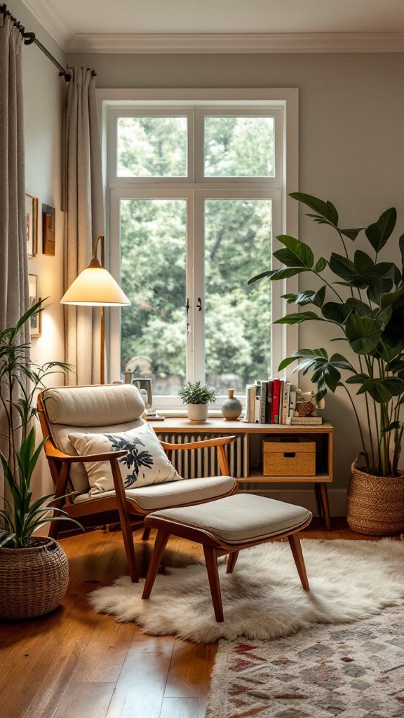 Cozy reading nook with a comfortable chair, a small table, plants, and sunlight.