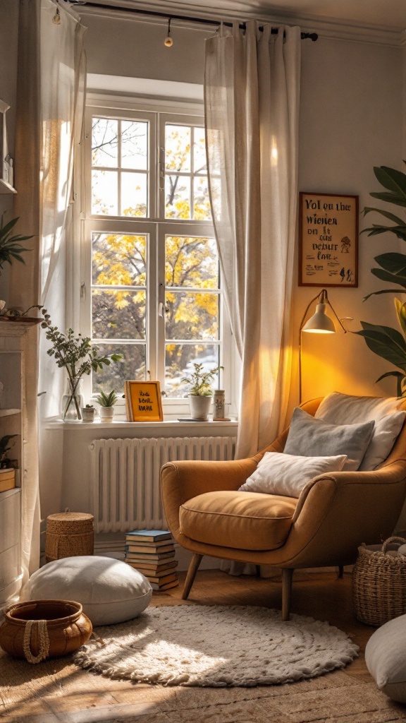 A cozy reading nook with a yellow armchair, a small table, and a window with natural light.