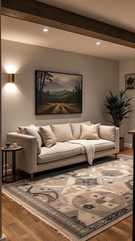 A cozy living room featuring a stylish rug with a unique pattern, a comfortable sofa, and a beautiful landscape painting.