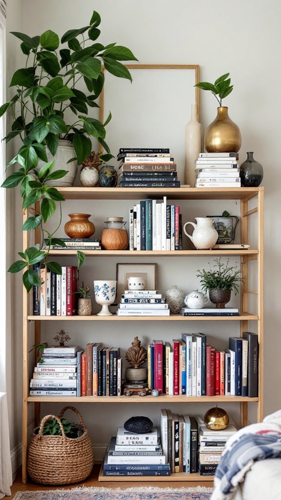 A cozy bookshelf filled with a variety of books, plants, and decorative items.