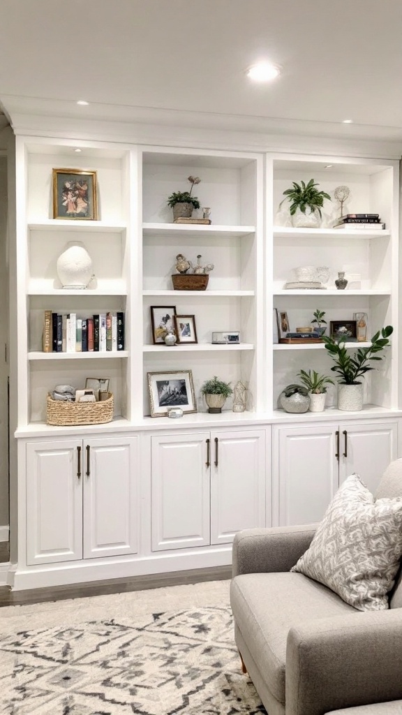 Custom built-in shelves with decorative items and a cozy couch in a stylish living room