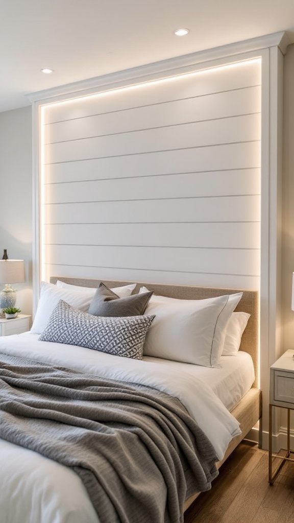 Cozy bedroom featuring a shiplap design with soft lighting.