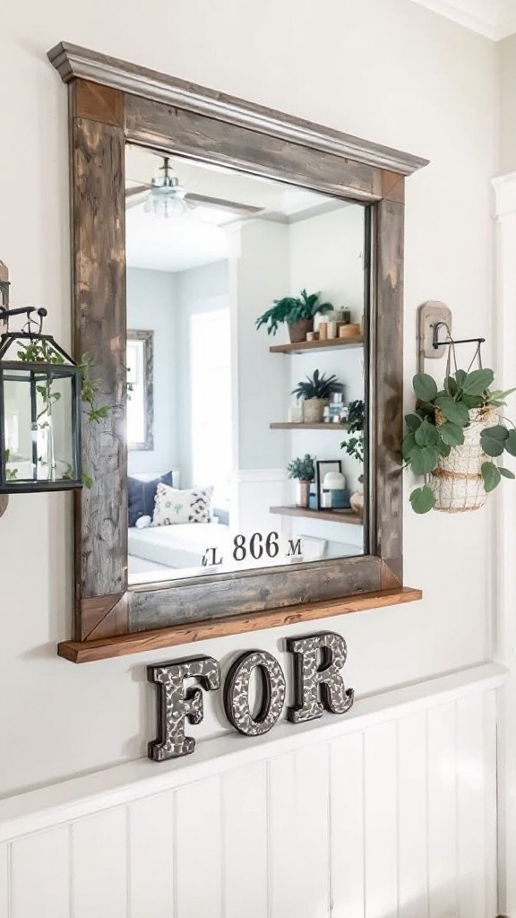 A stylish mirror with a wooden frame and the word 'FOR' displayed below it.