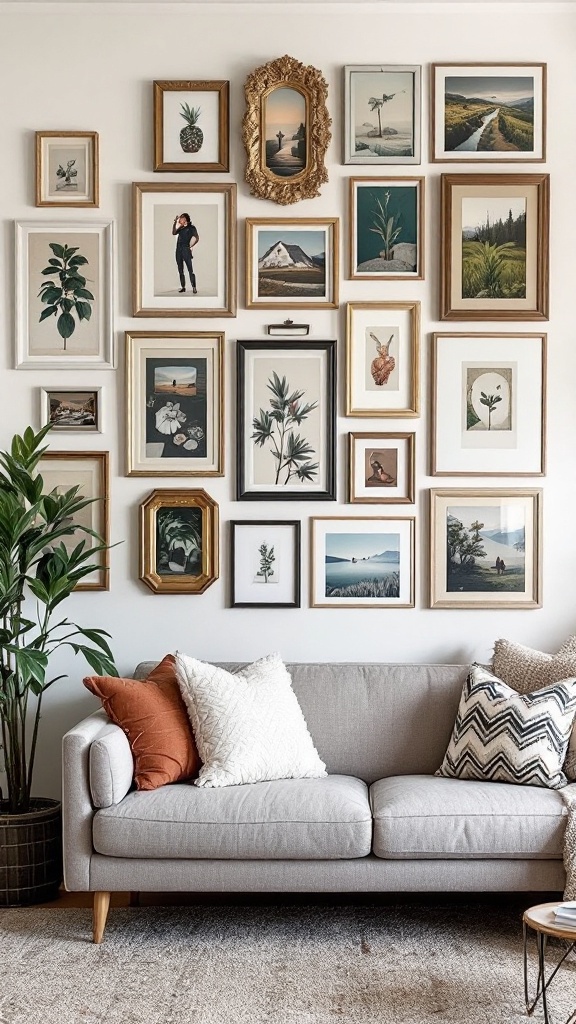 A cozy living room with an eclectic gallery wall featuring various framed artworks and a comfortable sofa.