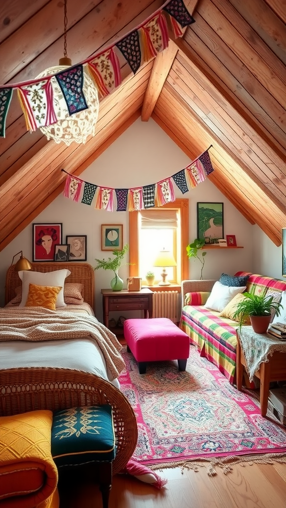 A cozy attic room with mixed textures, featuring a bed, couch, and colorful decorations.