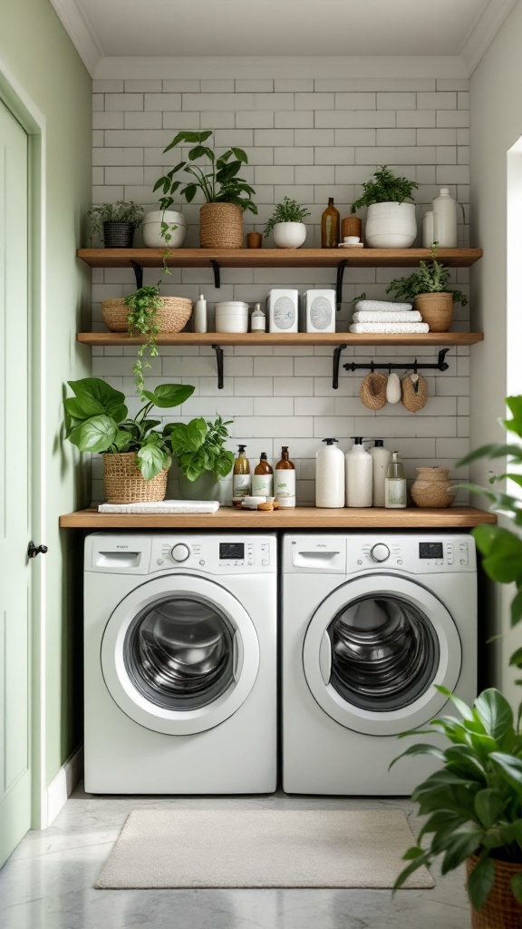 A bright and organized laundry area with plants, natural detergents, and modern washing machines.