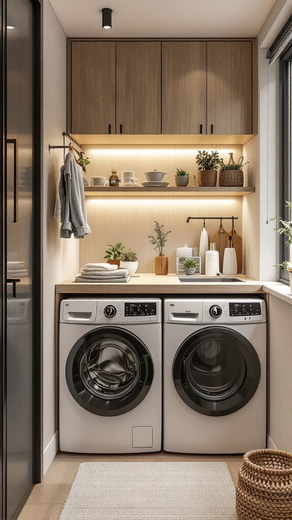 A stylish and organized laundry area with modern appliances and decorative elements.