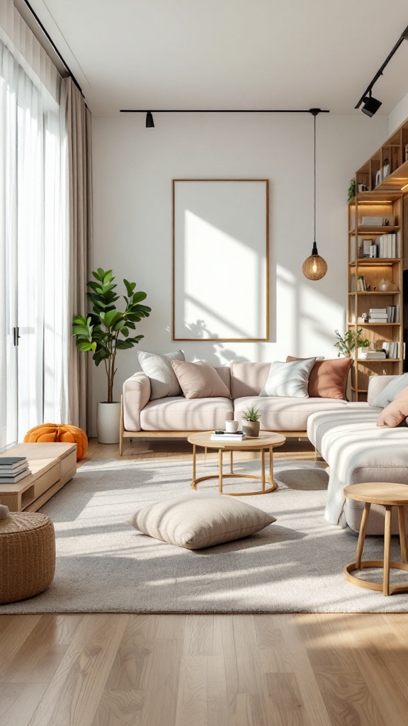 A stylish and cozy living room with space-saving furniture and bright lighting.