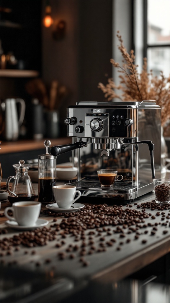 A sleek espresso machine on a wooden counter with coffee beans scattered around, cups, and a French press.