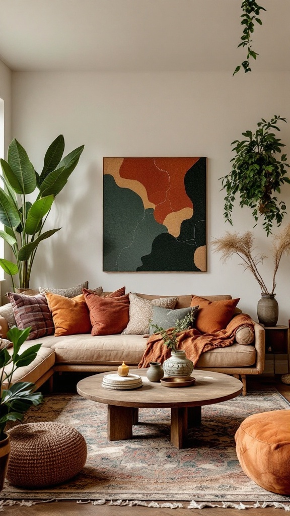 A cozy living room featuring earthy tones with plants and decorative pillows.