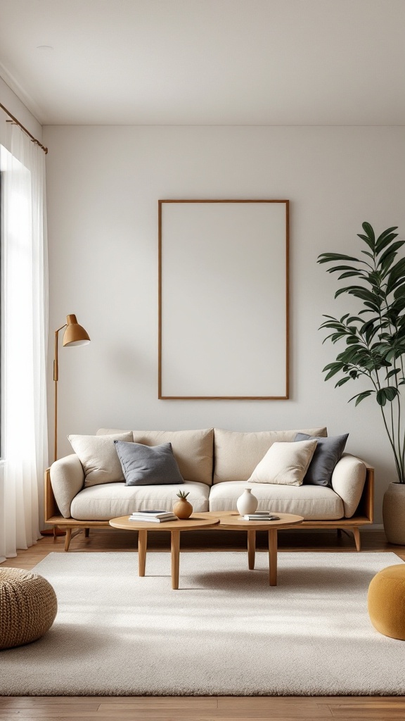 A minimalist living room with a light-colored sofa, a wooden coffee table, and a plant.