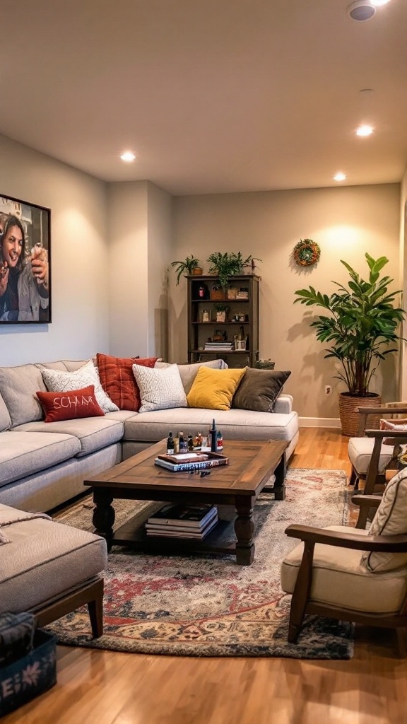 Cozy living room with a large sofa, coffee table, and plants, ideal for family game nights.