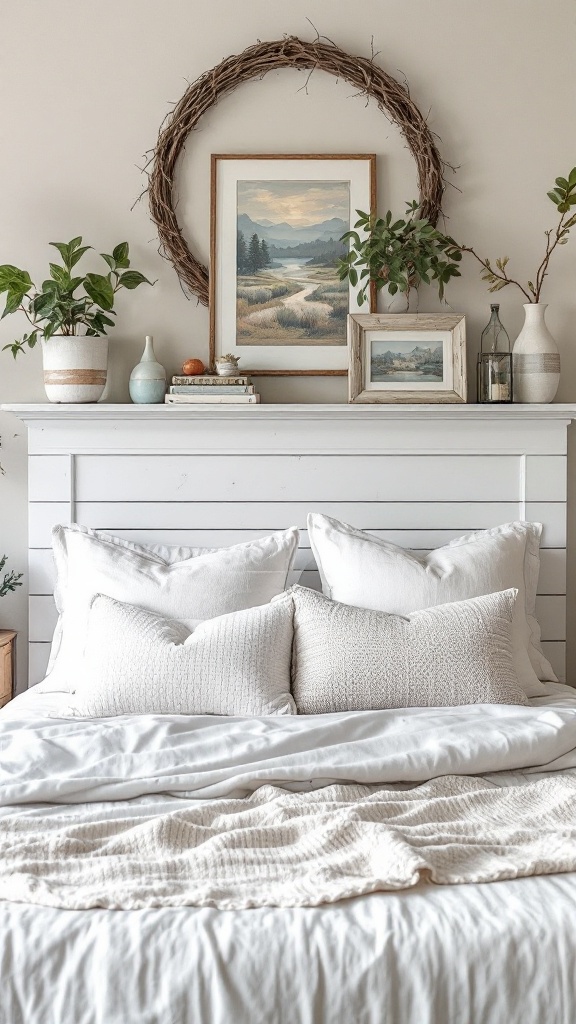 A cozy bedroom featuring white bedding, pastel decor, and plants, creating a farmhouse chic vibe.