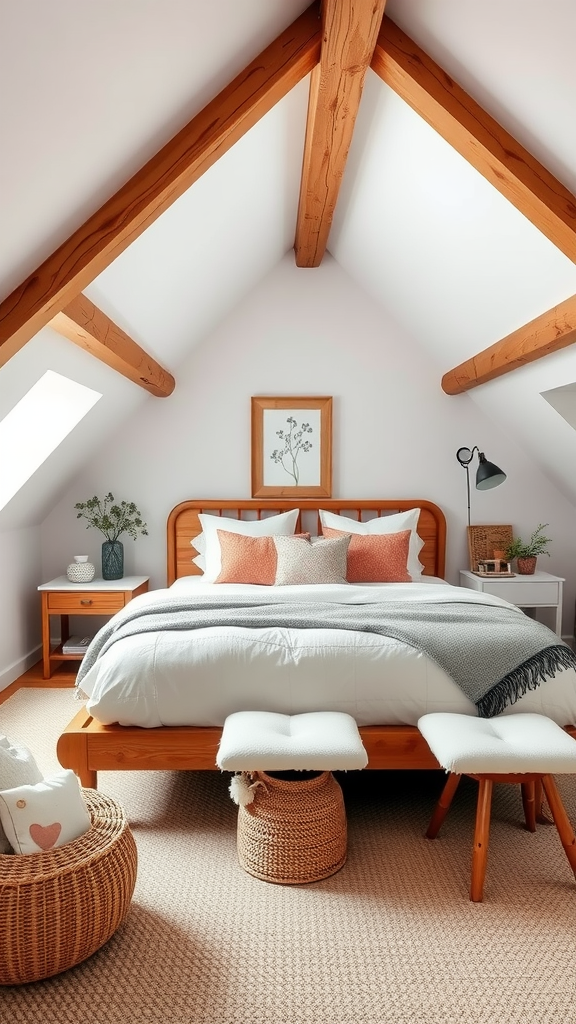 A cozy bedroom featuring warm wood beams, a comfortable bed with neutral and coral pillows, and a stylish decor.