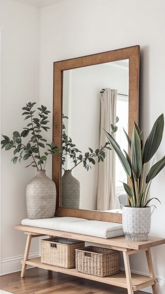 A large mirror with a rattan frame reflecting greenery and a stylish table decor.