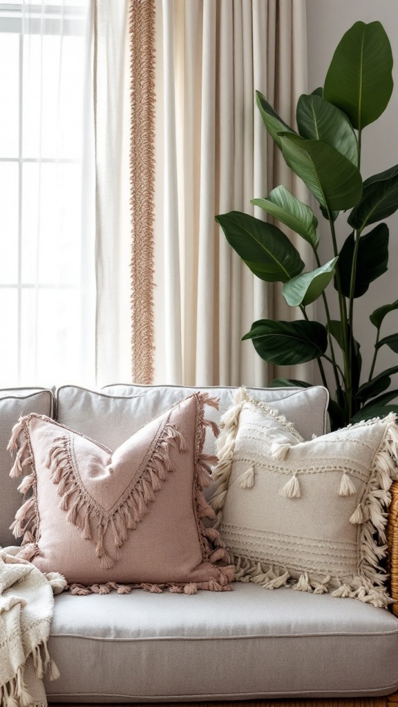 Couch with pillows featuring fringe and tassel accents, and a potted plant nearby.