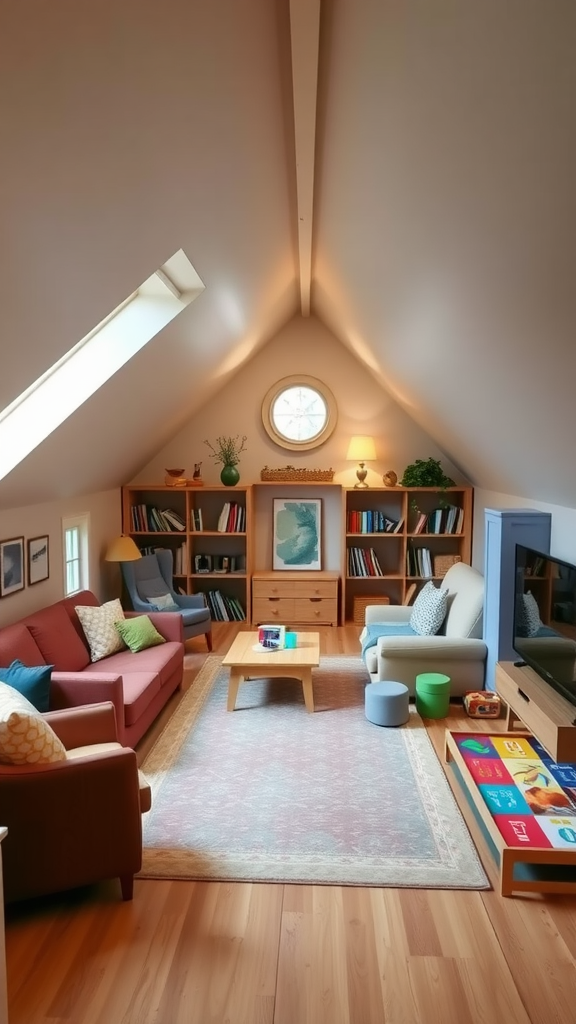 A cozy family room featuring comfortable seating, a wooden coffee table, and shelves filled with books.