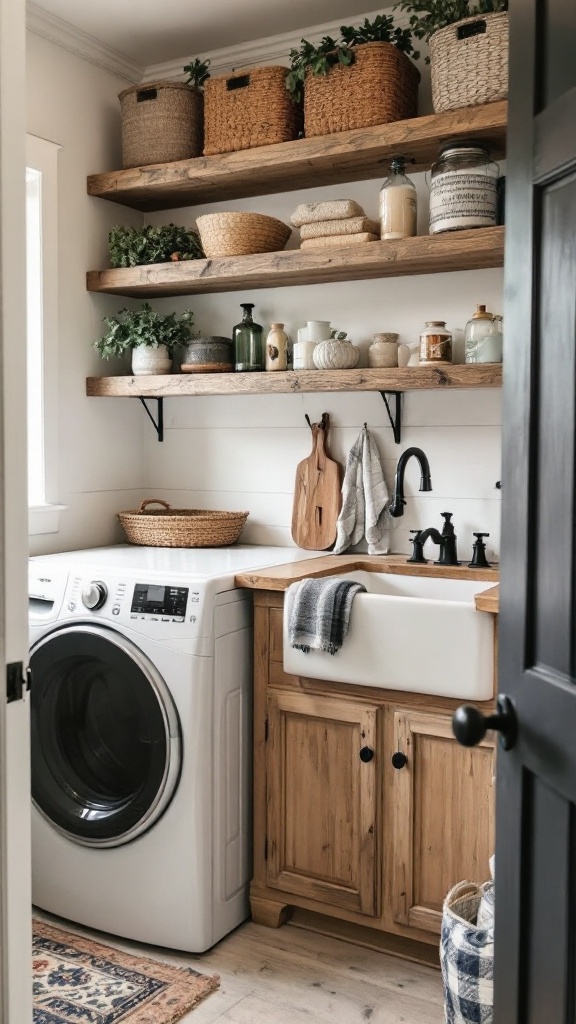 A cozy farmhouse laundry room featuring a washing machine, wooden cabinetry, and decorative storage baskets.