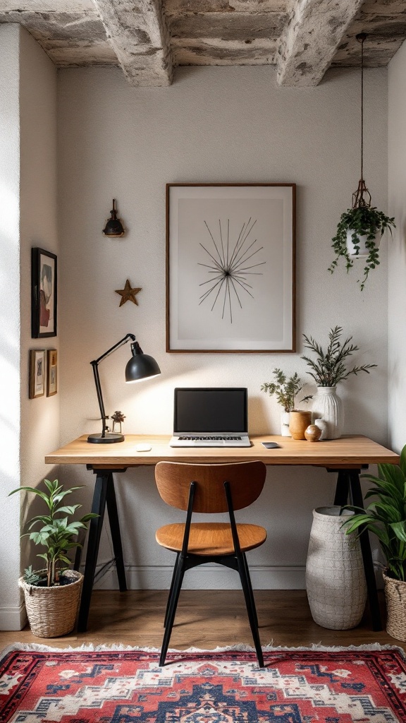 A stylish and functional workspace featuring a wooden desk, laptop, and decorative plants.