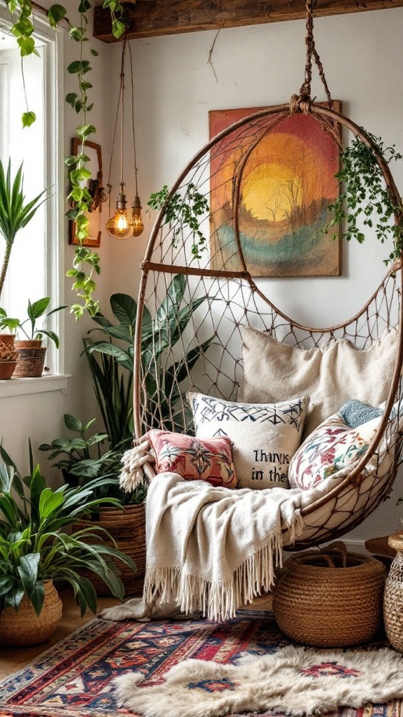 Cozy hammock chair surrounded by plants and decorative pillows