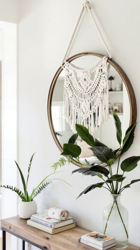 A beautifully designed hanging mirror with macrame details, surrounded by plants on a wooden table.