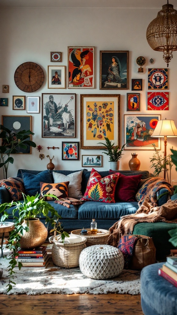 A cozy living room adorned with colorful cultural art and decor.